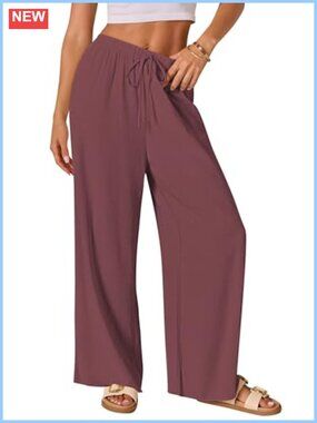 Cotton Linen Palazzo Pants Drawstring Elastic Waist Wide Leg Lounge
